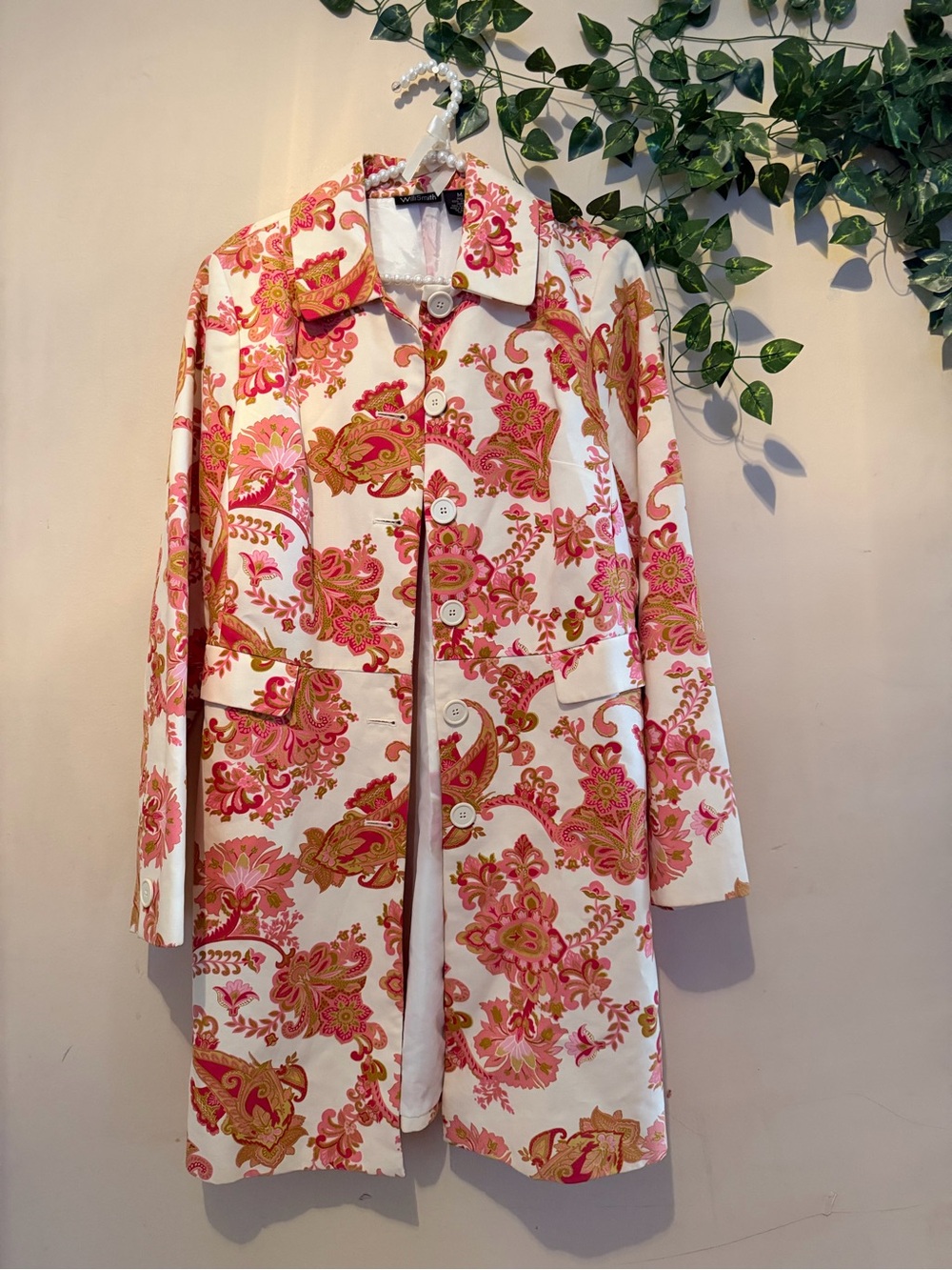 VINTAGE Willi Smith Pink & Gold Floral Button-Up Trench Coat